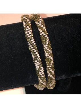 Elegant Green and White Beaded Roll On Bracelet Set